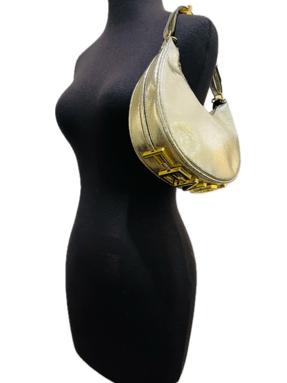 Metallic Gold Shoulder Bag with Logo Accent
